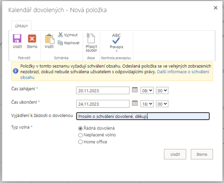 Vytvoření žádosti o dovolenou